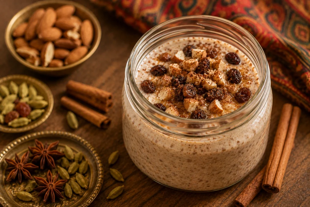 Cape Malay spiced overnight oats with sultanas, almonds and warm spices