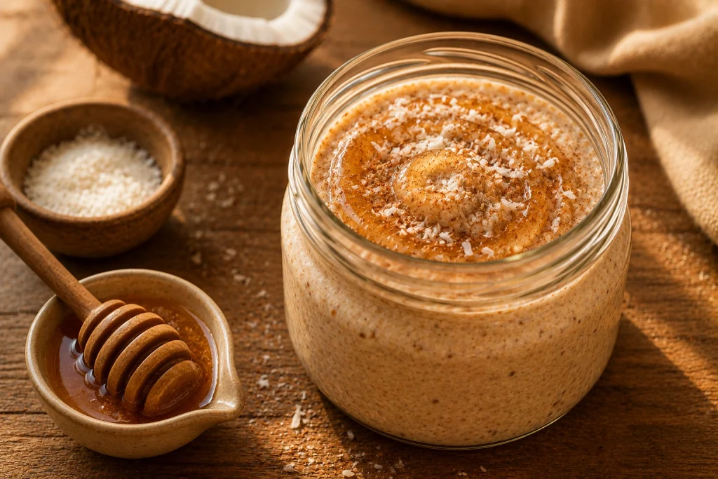 South African koeksister-inspired overnight oats with golden syrup, cinnamon and coconut