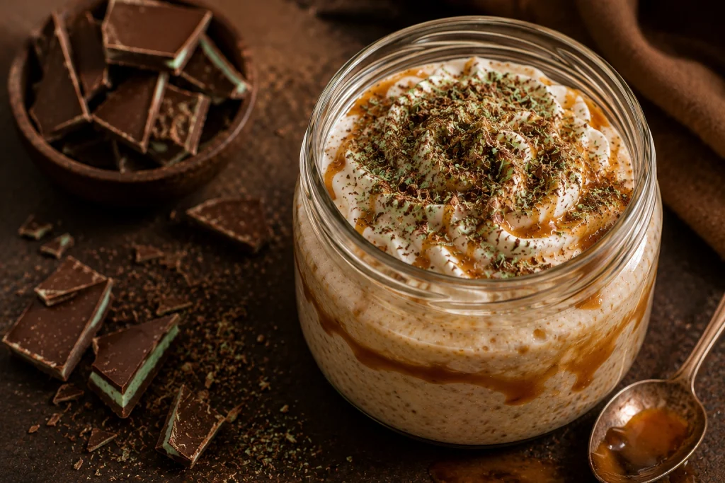 South African peppermint crisp tart overnight oats with caramel, cream and mint chocolate