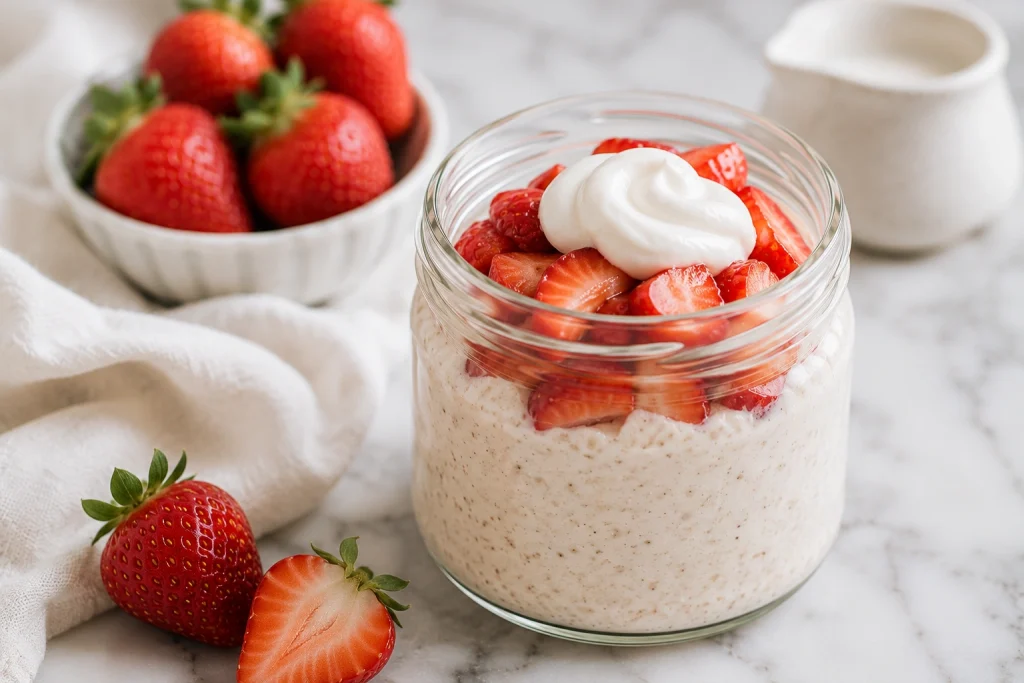 Strawberries and cream overnight oats topped with sliced strawberries and a cream swirl