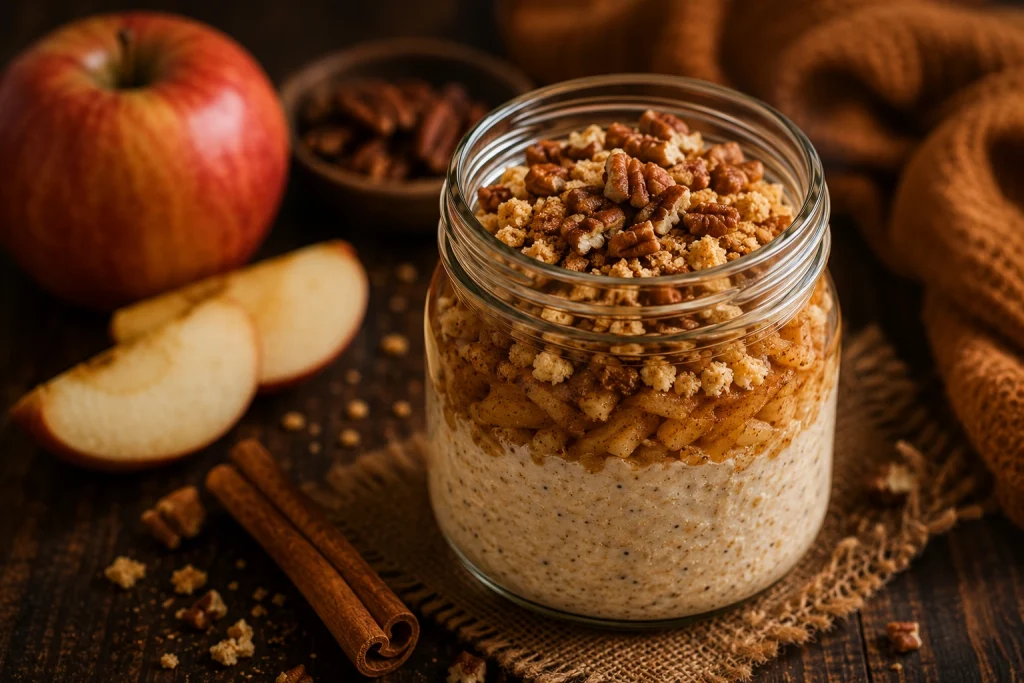 Apple pie overnight oats with spiced apple, cinnamon and a biscuit crumble