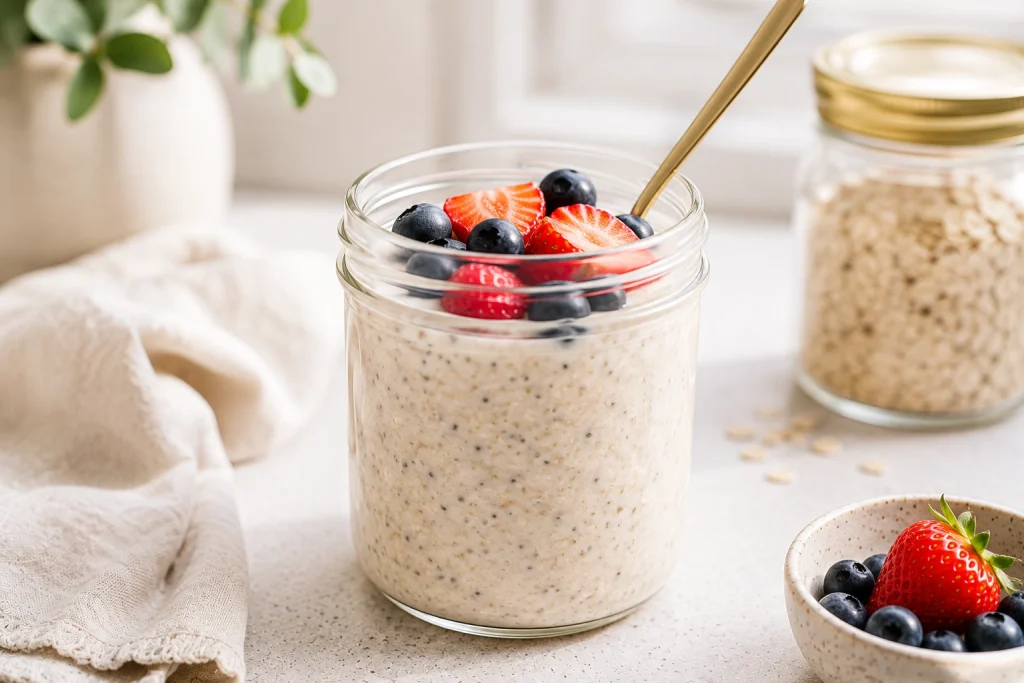 Quick vanilla overnight oats in a jar topped with a few fresh berries