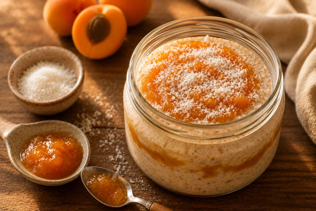 Hertzoggie-inspired apricot and coconut overnight oats with apricot jam and coconut