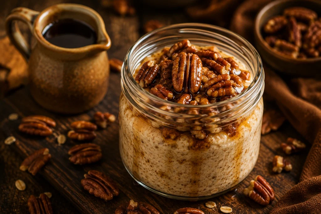 Maple pecan overnight oats topped with toasted pecans and a maple drizzle