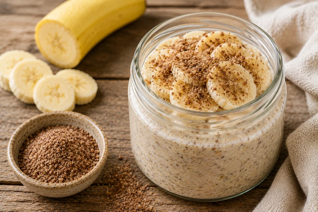 Prebiotic banana and flax overnight oats topped with banana slices and flaxseed