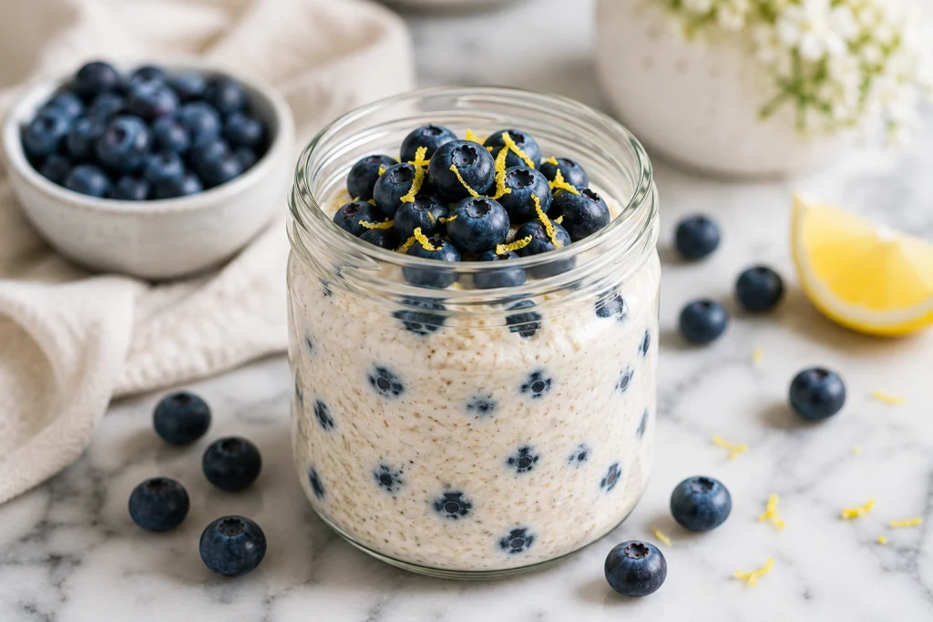 Blueberry muffin overnight oats with fresh blueberries and lemon zest