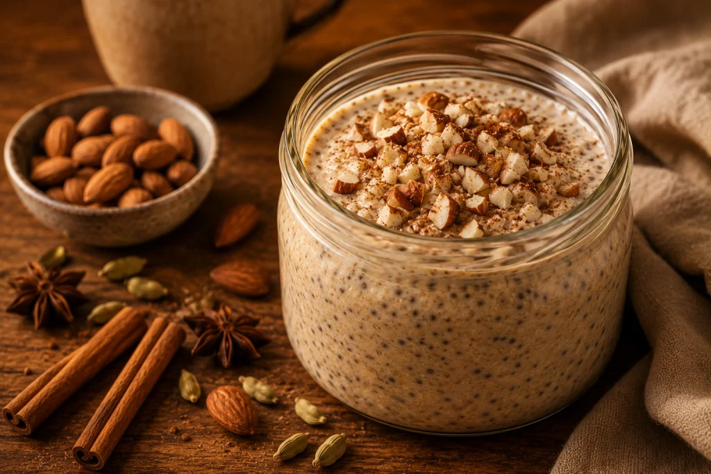 Vegan chai almond overnight oats with chopped almonds and warm chai spices