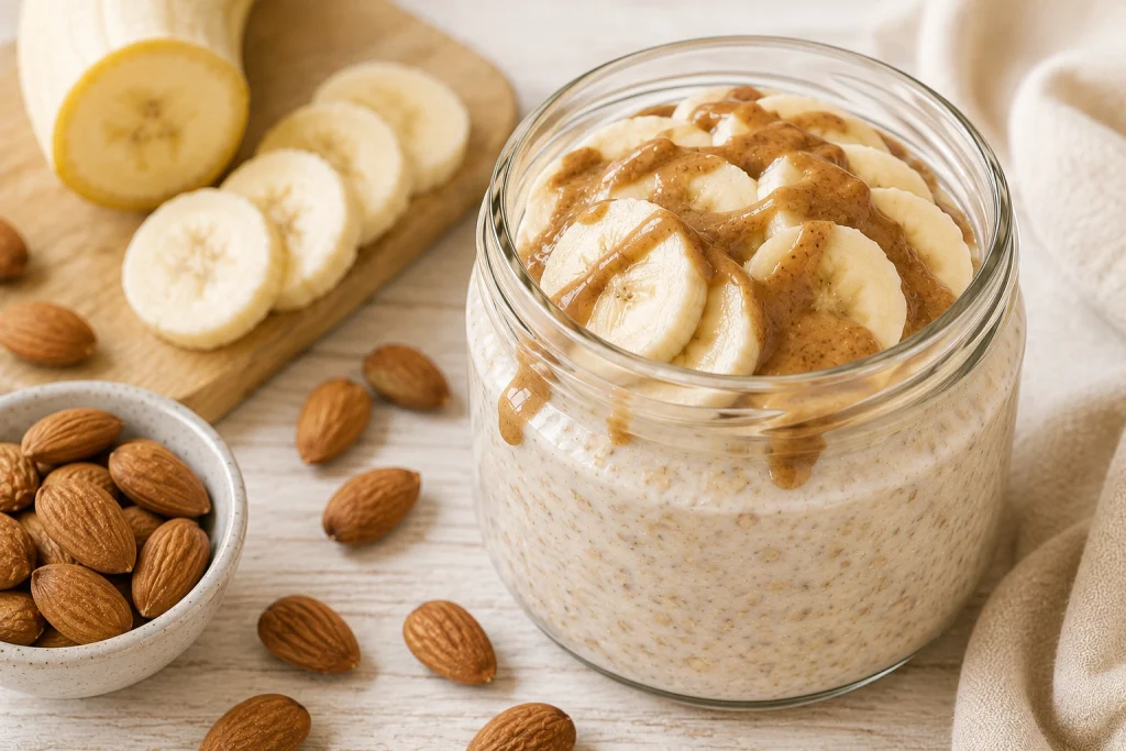 Dairy-free almond butter and banana overnight oats with banana and an almond butter drizzle