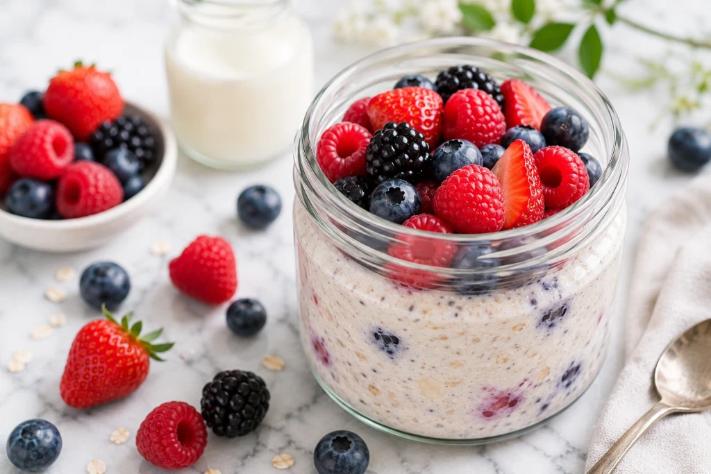 Probiotic kefir and berry overnight oats topped with fresh mixed berries