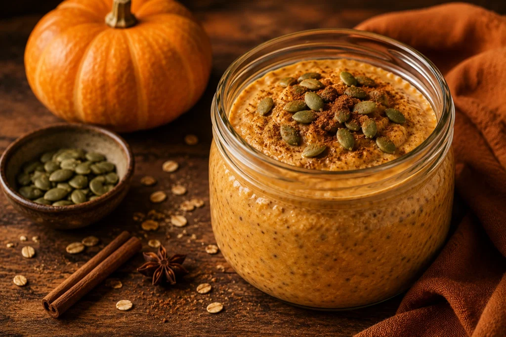 Pumpkin spice overnight oats topped with pumpkin seeds and cinnamon