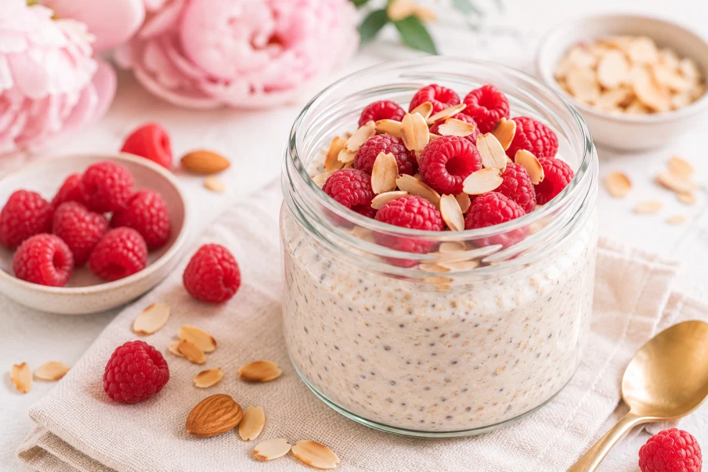 Dairy-free raspberry almond overnight oats topped with raspberries and flaked almonds