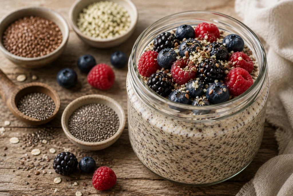 Supercharged seed and berry overnight oats with chia, flax, hemp seeds and berries