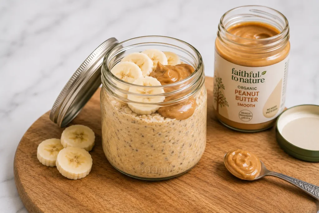 Classic banana and peanut butter overnight oats topped with banana slices and a peanut butter swirl