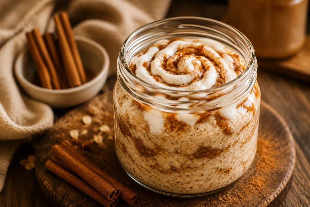 Cinnamon roll overnight oats with a cinnamon swirl and yoghurt glaze