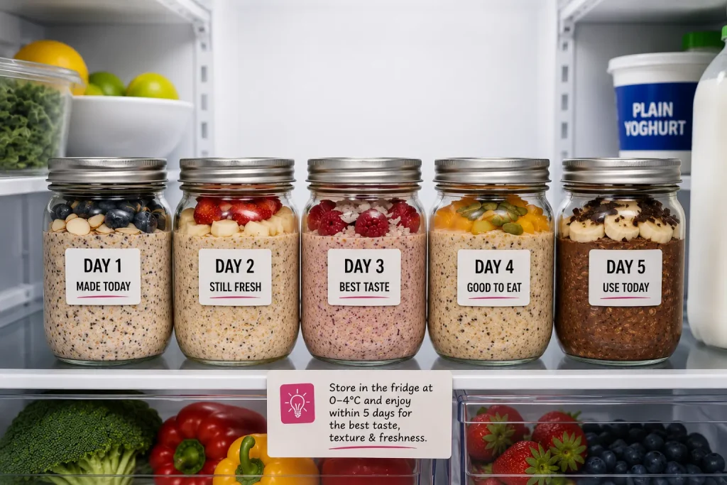 Five overnight oats mason jars labelled by day stored in a South African fridge showing shelf life storage
