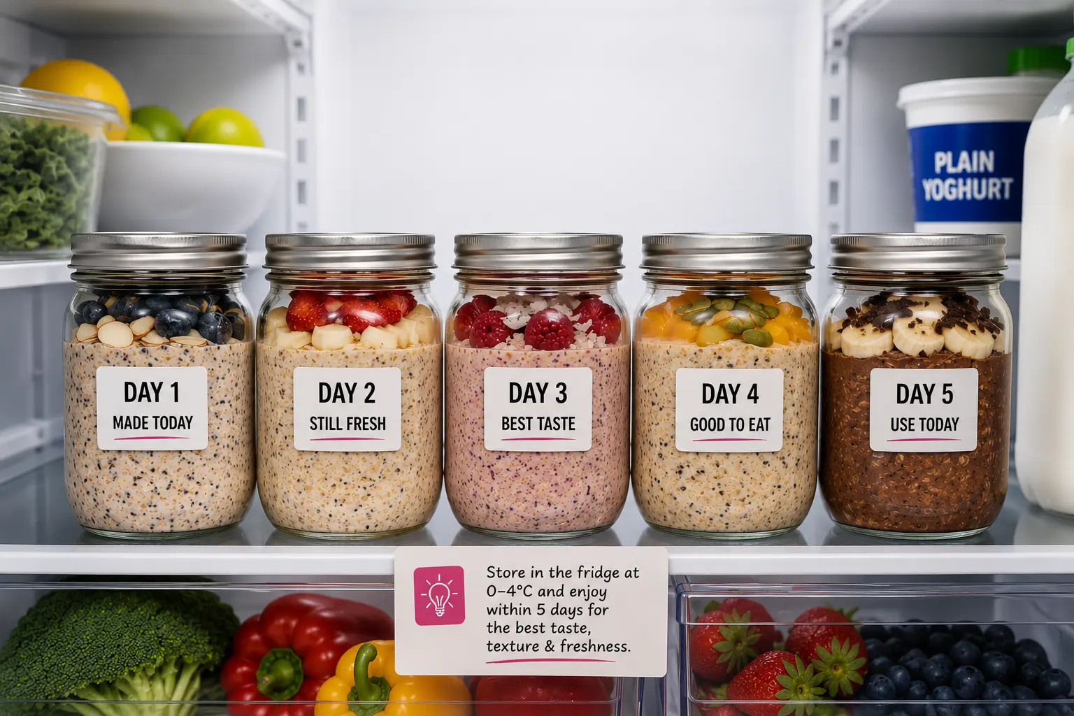 Five overnight oats mason jars labelled by day stored in a South African fridge showing shelf life storage
