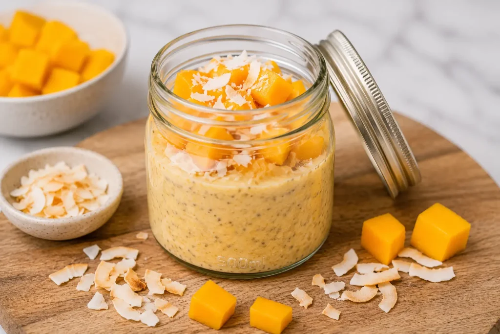 Mango and coconut overnight oats topped with diced mango and desiccated coconut