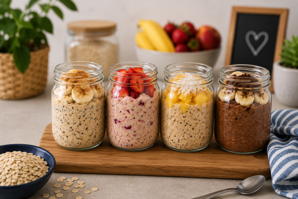 Budget overnight oats breakfast for South African family of four mason jars with fruit toppings under R25 per serving