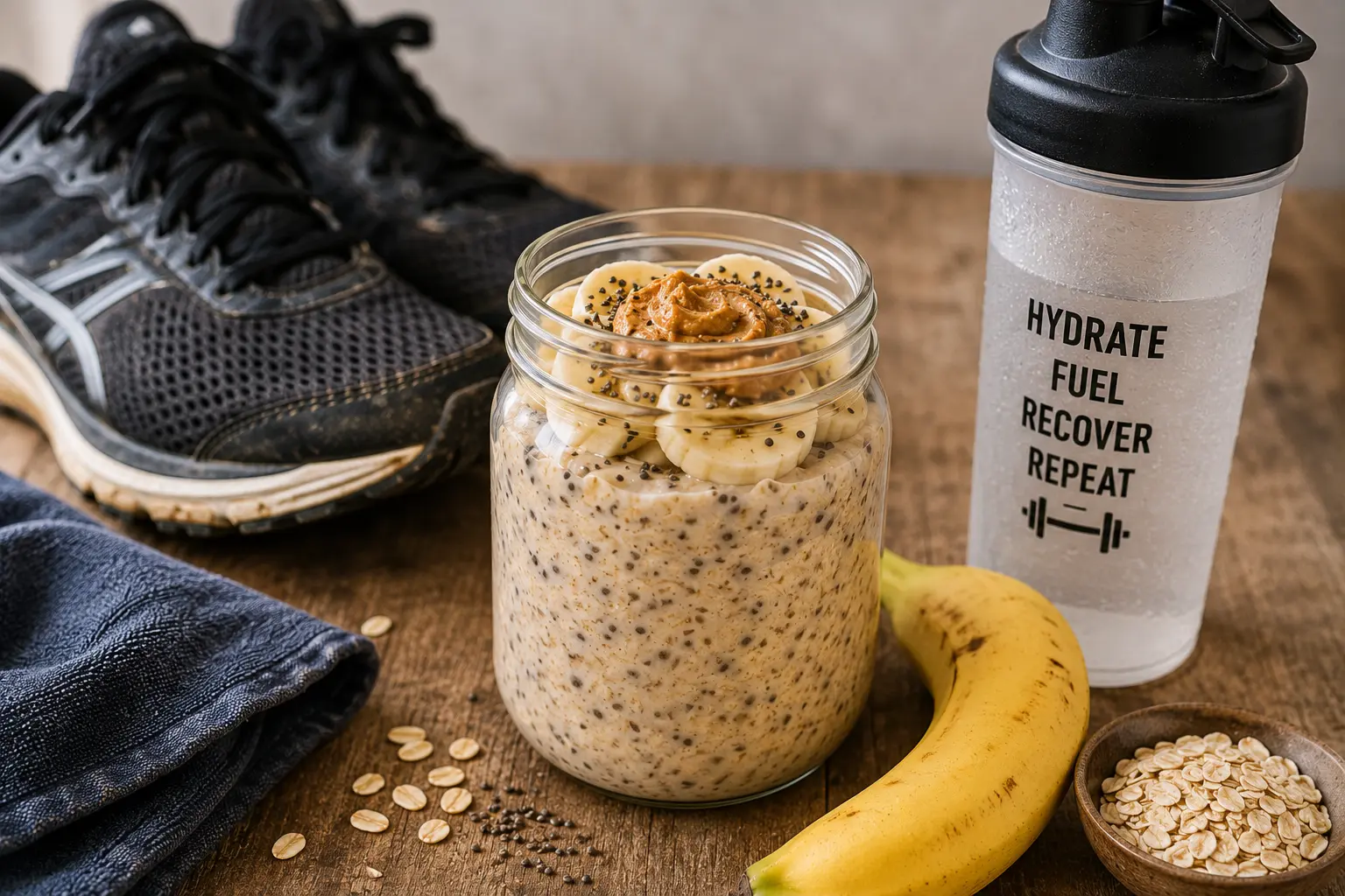 Jar of overnight oats topped with banana, peanut butter and chia seeds next to running shoes and a water bottle