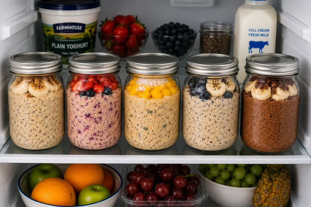 Mason jars of overnight oats lined up in a fridge with fresh fruit and seeds on top
