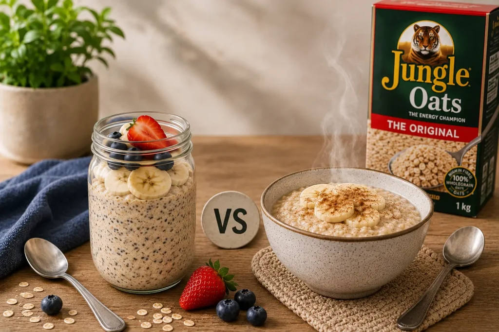 Overnight oats in a mason jar next to a bowl of hot oatmeal comparison South Africa Jungle Oats