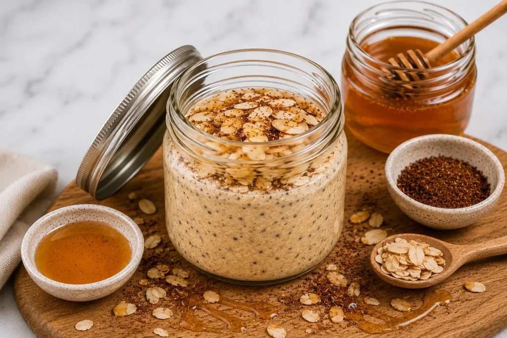 South African rooibos and honey overnight oats with a honey drizzle and cinnamon