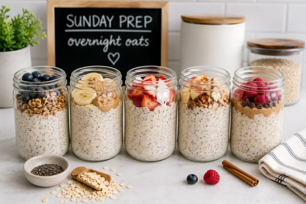 Sunday night prep of 5 jars of overnight oats