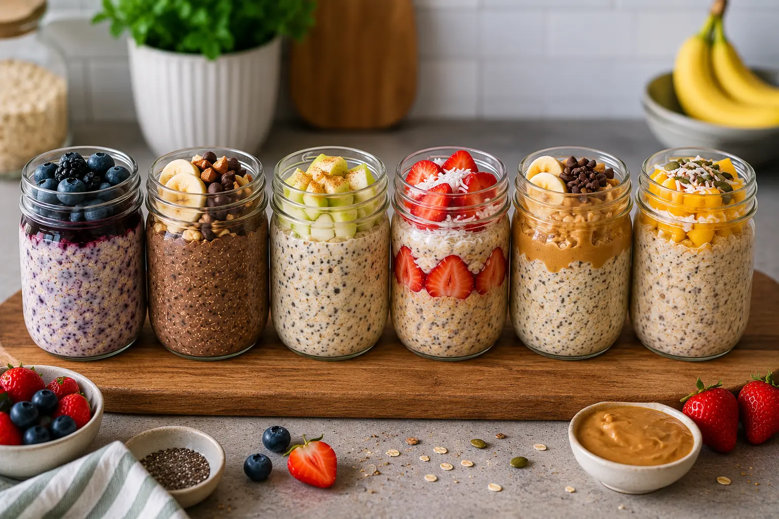 Six glass jars of overnight oats lined up on a wooden board, each with different toppings including berries, banana, peanut butter and chia seeds