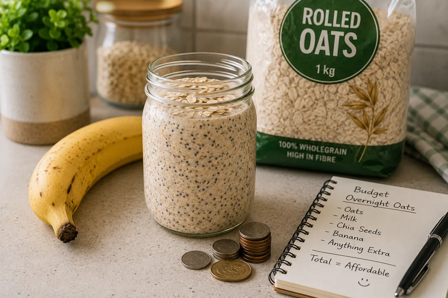 Glass jar of overnight oats with a banana and packet of rolled oats on a kitchen counter next to coins and a notepad