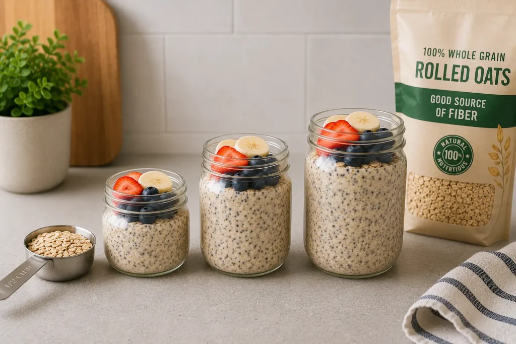 Three glass jars of overnight oats in different sizes lined up next to a half cup measuring cup and a packet of rolled oats on a kitchen counte