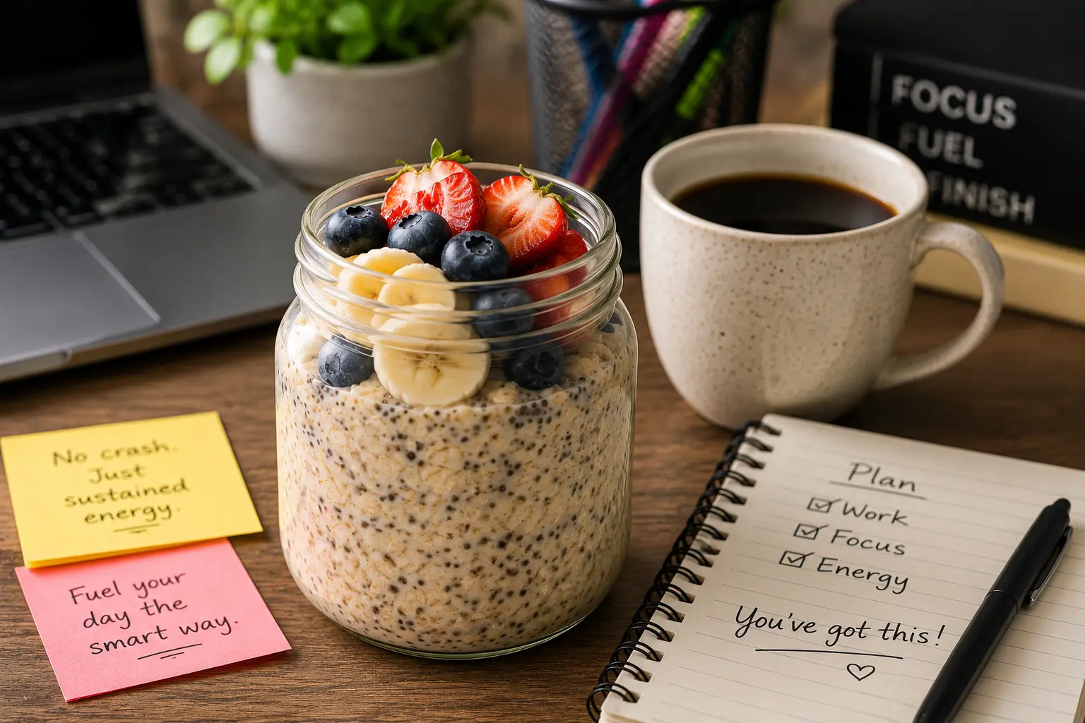 Glass jar of overnight oats with chia seeds, banana slices and berries on a desk with a coffee cup and notebook