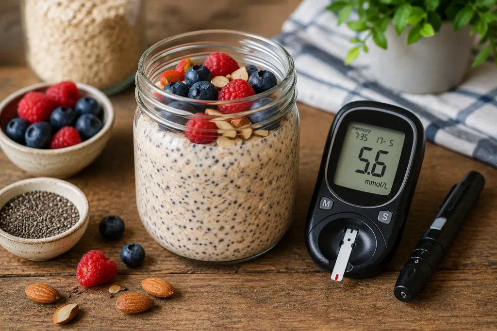 Glass jar of overnight oats with chia seeds, fresh berries and almonds on a wooden table next to a blood glucose monitor