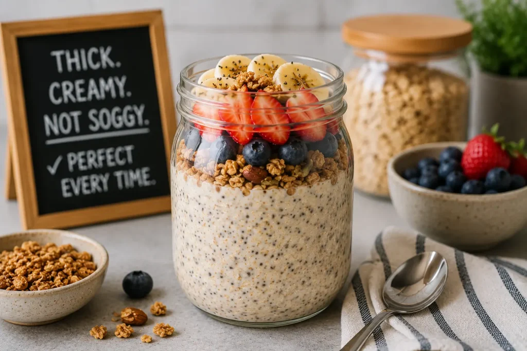 Glass jar of perfectly thick overnight oats with crunchy granola, fresh berries and sliced banana layered on top showing distinct textures