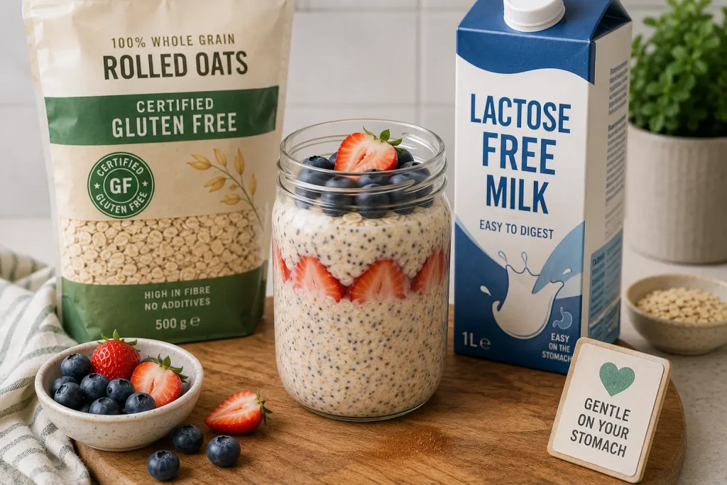 Glass jar of overnight oats with chia seeds, fresh strawberries and blueberries next to a packet of certified gluten free oats and a carton of lactose free milk