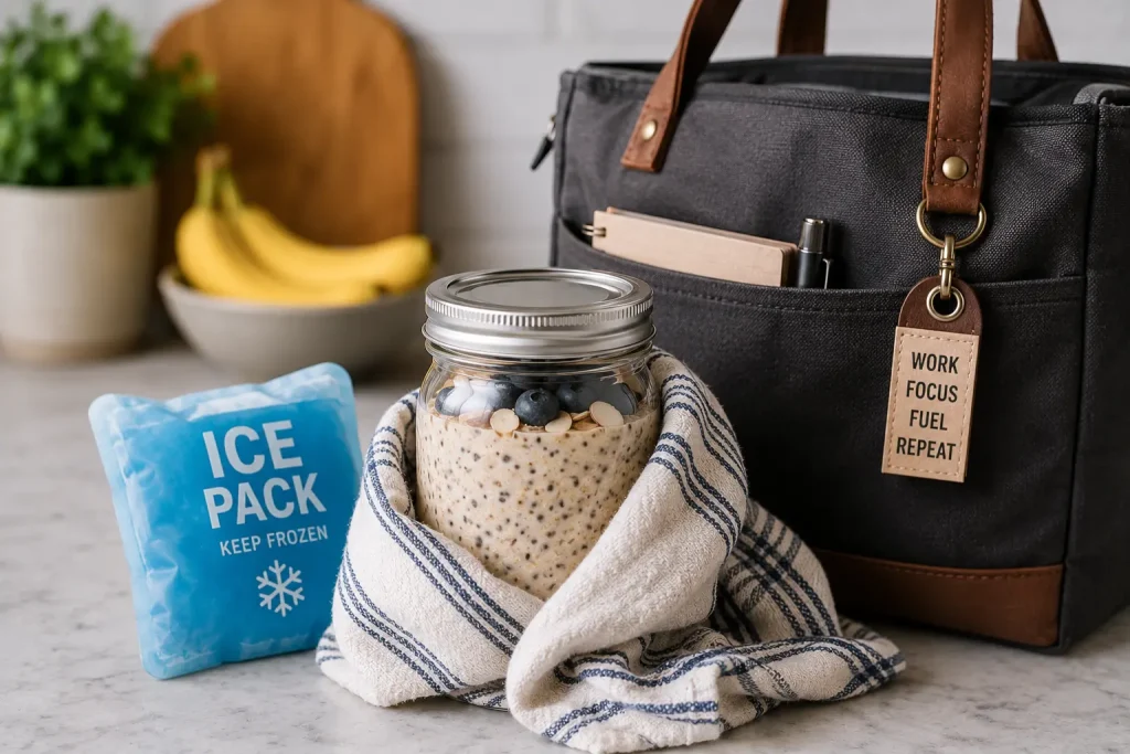 Glass mason jar of overnight oats wrapped in a tea towel next to a frozen ice pack and a work bag on a kitchen counter