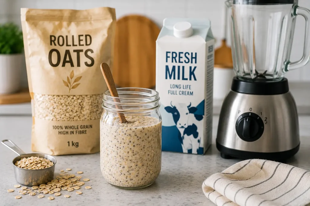 Glass mason jar of overnight oats with a wooden spoon next to a packet of rolled oats and a carton of milk on a kitchen counter