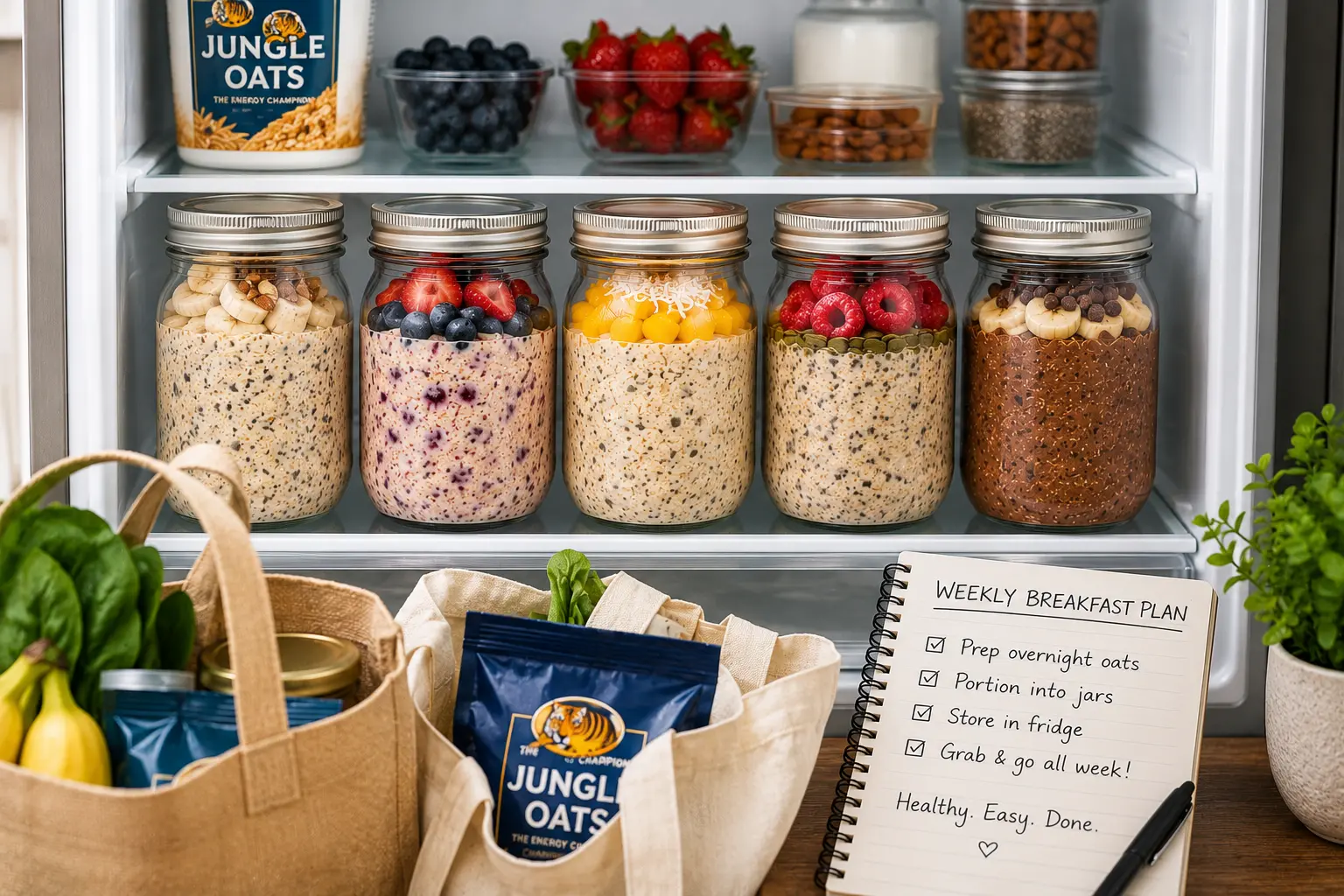 Five glass jars of overnight oats lined up in a fridge with shopping bags and a notebook in the foreground