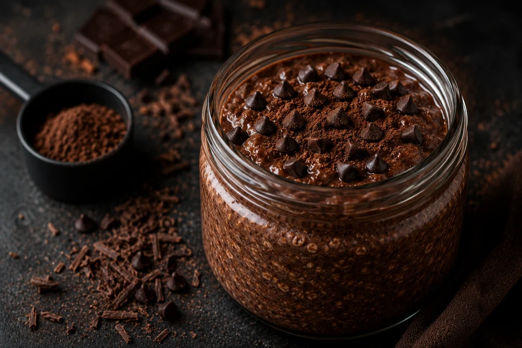 Double chocolate protein overnight oats topped with dark chocolate chips and cocoa
