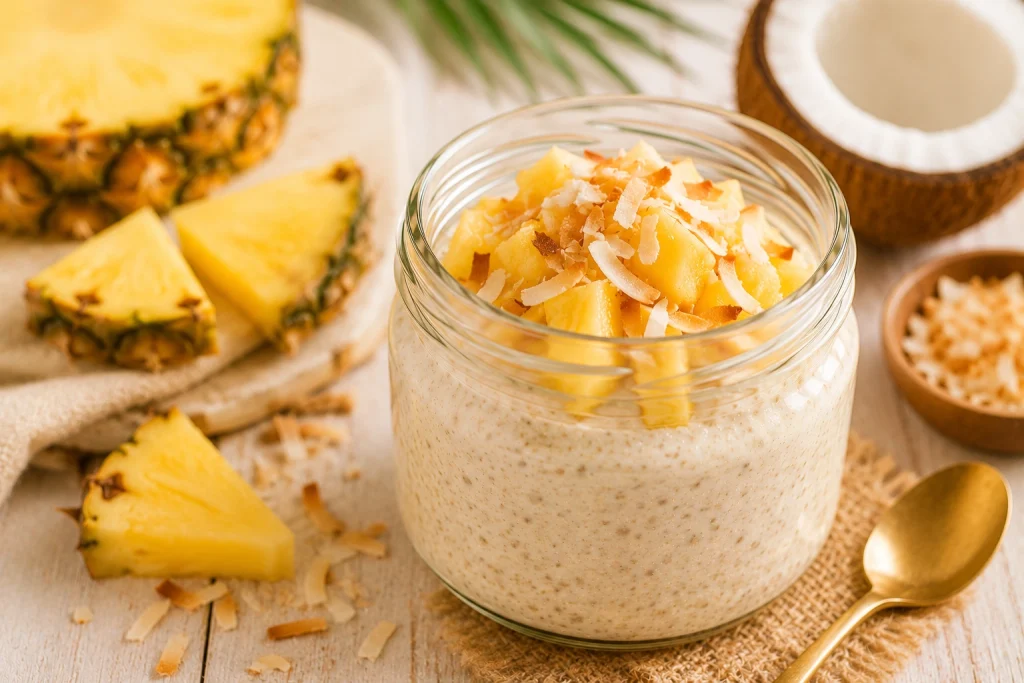 Vegan pineapple and coconut overnight oats topped with pineapple and coconut flakes