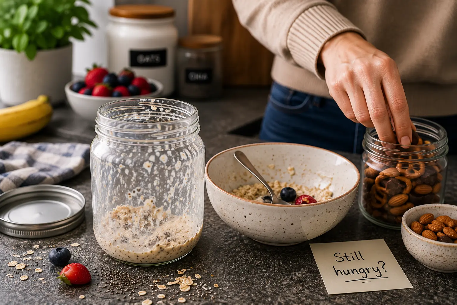Empty glass jar of overnight oats next to a half eaten bowl on a kitchen counter with a hand reaching for a snack