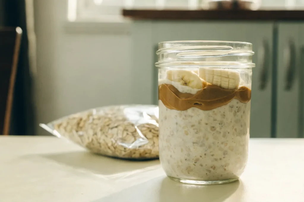 A budget jar of overnight oats topped with banana and peanut butter