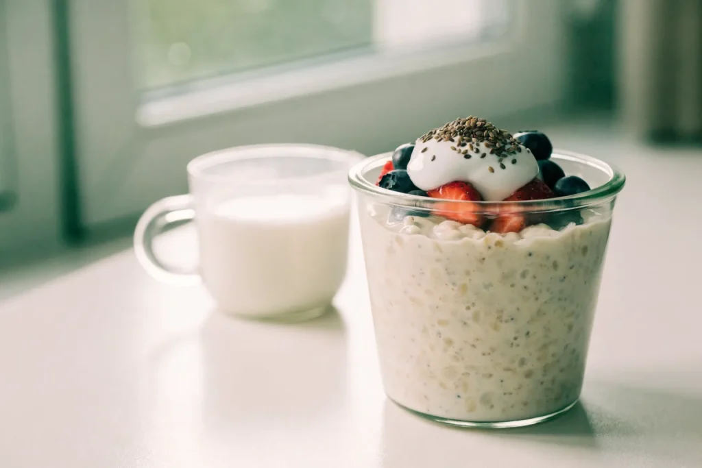 A gut-friendly jar of overnight oats with berries, kefir, flax and chia seeds